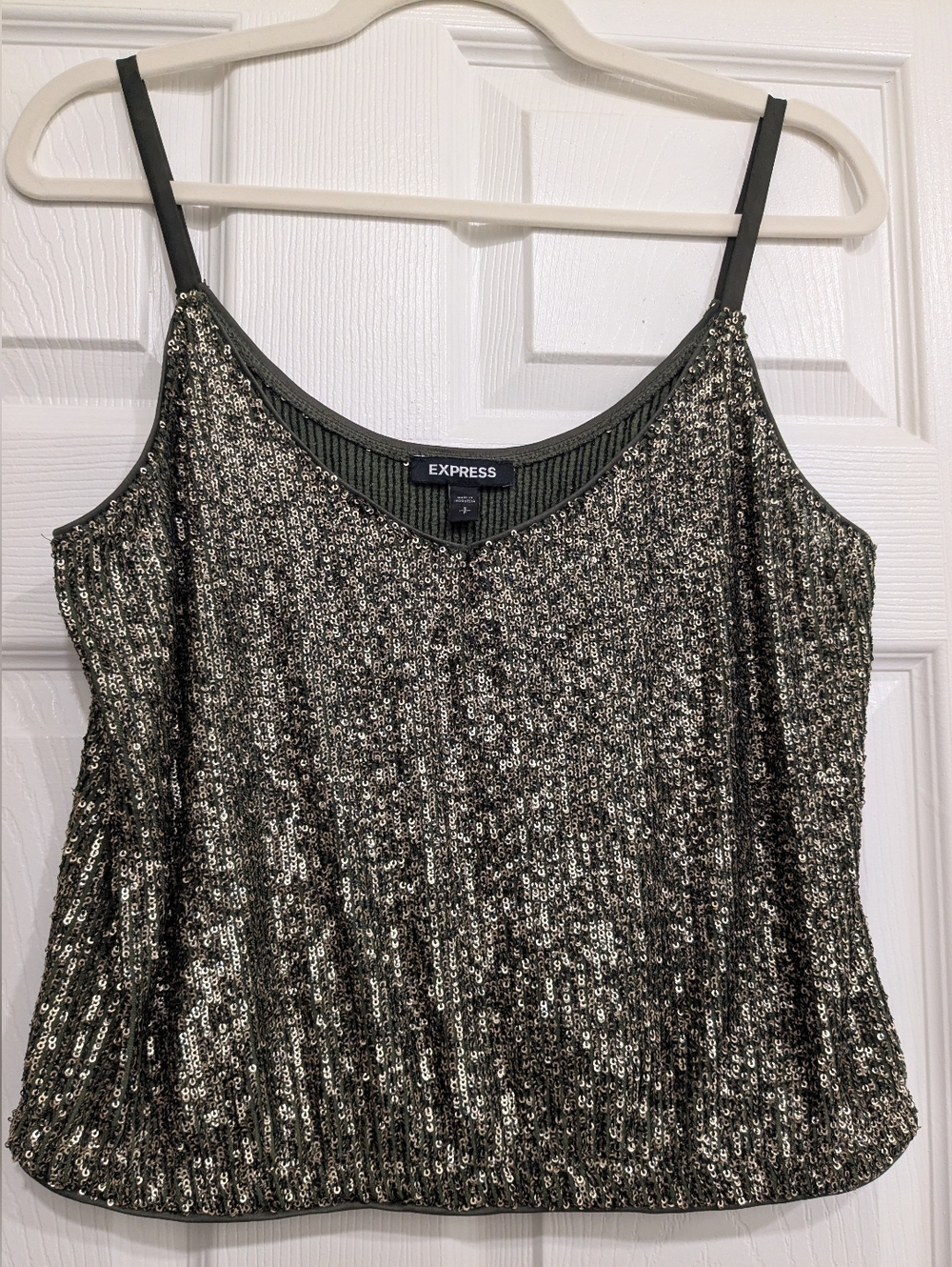 Express Metallic Sequin Crop Top in Black and Gold S